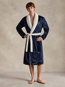 EverLounge Men's Autumn/Winter Fashion Navy Blue Contrast White Collar Left Chest British Style Embroidered Plush Robe - Navy Blue - View 4