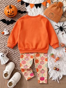1 Set, Sweatshirt Fleece Lengan Panjang Leher Bulat Motif Oranye dengan Transfer Panas untuk Anak Perempuan + Celana Panjang Pas Badan Motif , Pakaian Kasual Dalam/Luar Ruangan Musim Gugur/Dingin untuk Halloween - MultiWarna - View 2