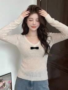 DAZY Atmospheric Bow Deep V-Neck Long Sleeve Knit Top, Sexy Style Soft Fluffy Top For Women Fall - Apricot - View 4