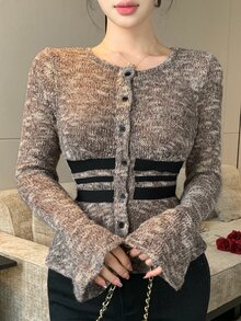 Joudiya Women's Autumn Fashion Contrast Color Striped Thin Cardigan - Brown - View 6