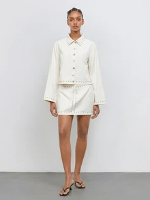 Maija Women's Long Sleeve Single-Breasted Jacket And Skirt Casual Denim Set - White - View 7