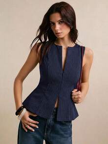 Poéselle Women's Striped Zipper Front Casual Blazer Vest - Navy Blue - View 2