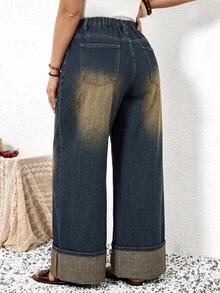 SHEIN ICON Plus Size Women's Casual Versatile Daily Wear Denim Jeans With Pockets And Buttons - Dark Wash - View 2
