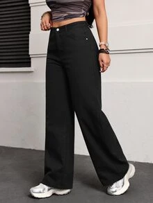 Jeanoix Petite Women's Casual Versatile Wide Leg Denim Jeans - Black - View 3