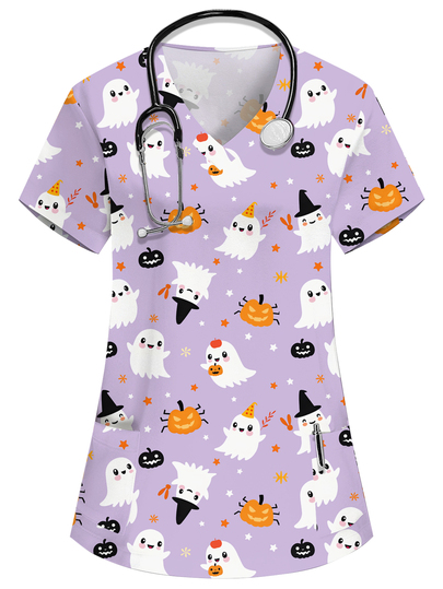 PopScrub Purple Halloween V-Neck Short Sleeve Double Pocket Cute Halloween Ghost Pumpkin Cartoon Print Design Printed Nurse, Lab, Doctor Work Uniform, Multi-Pocket Functional Holiday Outfit, Halloween Women's Top, Trick Or Treat, Halloween Party, Halloween Decoration, Scary, Cute