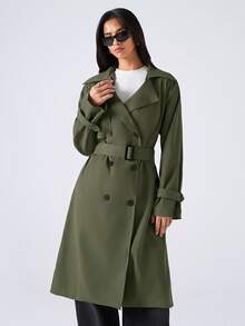 SHEIN EZwear 女款素色時尚百搭日常休閒風衣外套 - 軍綠色 - 查看 4