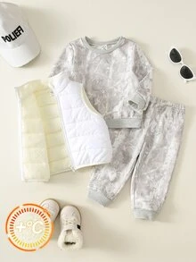 SHEIN 中性嬰兒男/女童、幼兒 3 件組秋冬保暖內裡加厚時尚灰色迷彩衛衣套裝與背心填充外套套裝，嬰兒冬季服飾，街頭風 - 灰色 - 查看 3