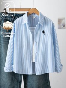 SHEIN 1件女童大童翻領長袖鈕扣式直條紋襯衫，胸前刺繡圖案，休閒上衣，秋季 - 藍色 - 查看 1