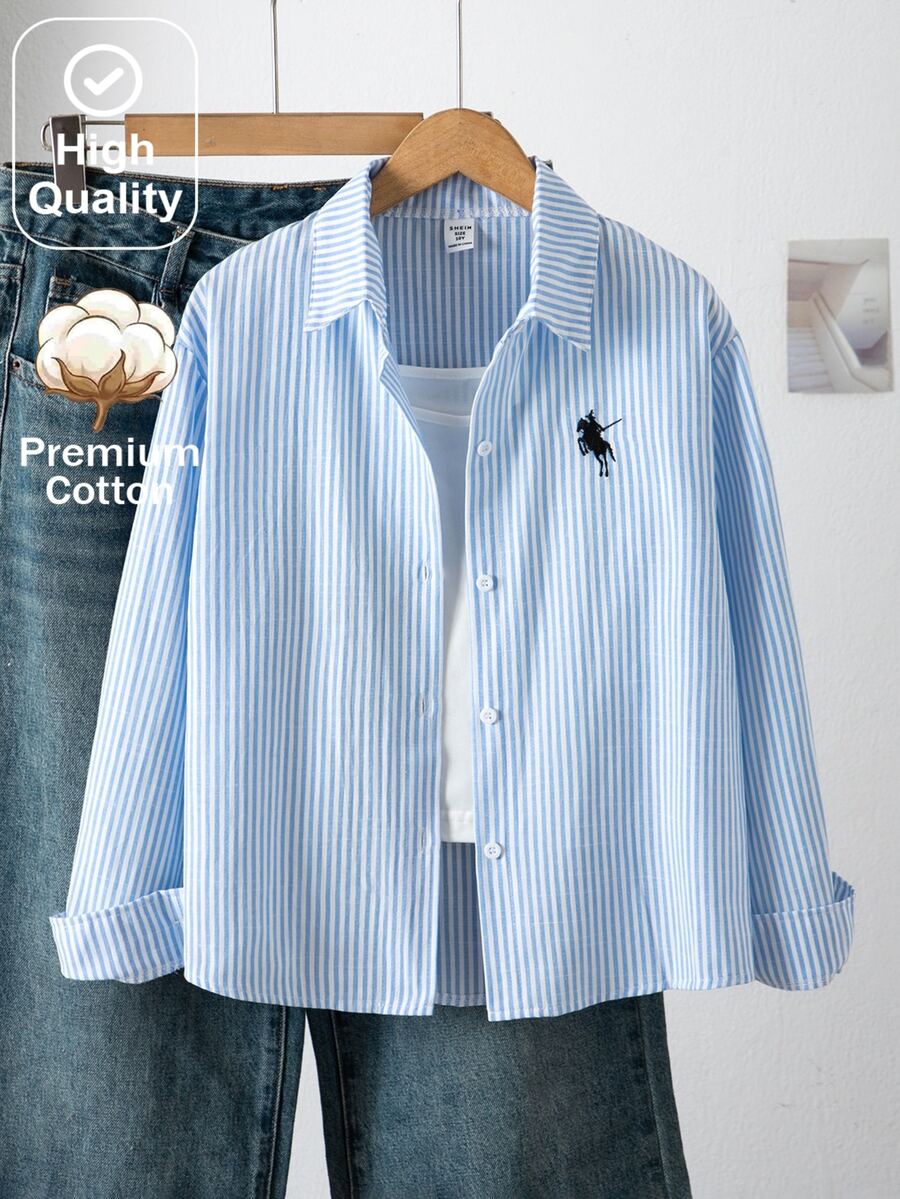 SHEIN 1件女童大童翻領長袖鈕扣式直條紋襯衫,胸前刺繡圖案,休閒上衣,秋季 - 藍色 - 查看 1