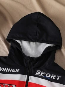 Big Boys Winter Hooded Racing Jacket Red Black Color Block Patch Letter Print Fleece Lined Zip Up Outerwear For Sports Outdoor Daily - Red - View 8