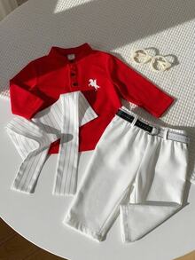 SHEIN 男嬰 3 件組秋冬休閒時尚學院風 POLO 衫套裝，含披肩與腰帶，嬰兒冬季服飾，聖誕、生日穿著，洗禮禮服 - 紅色 - 查看 1