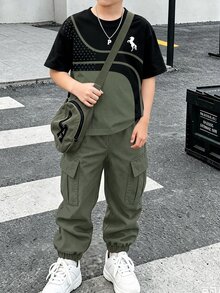 SHEIN 2件組 青少年男孩條紋波點馬標誌印花黑綠對比色百搭時尚舒適圓領短袖T恤搭配綠色收口工裝褲套裝，適合四季穿著 - 彩色 - 查看 1