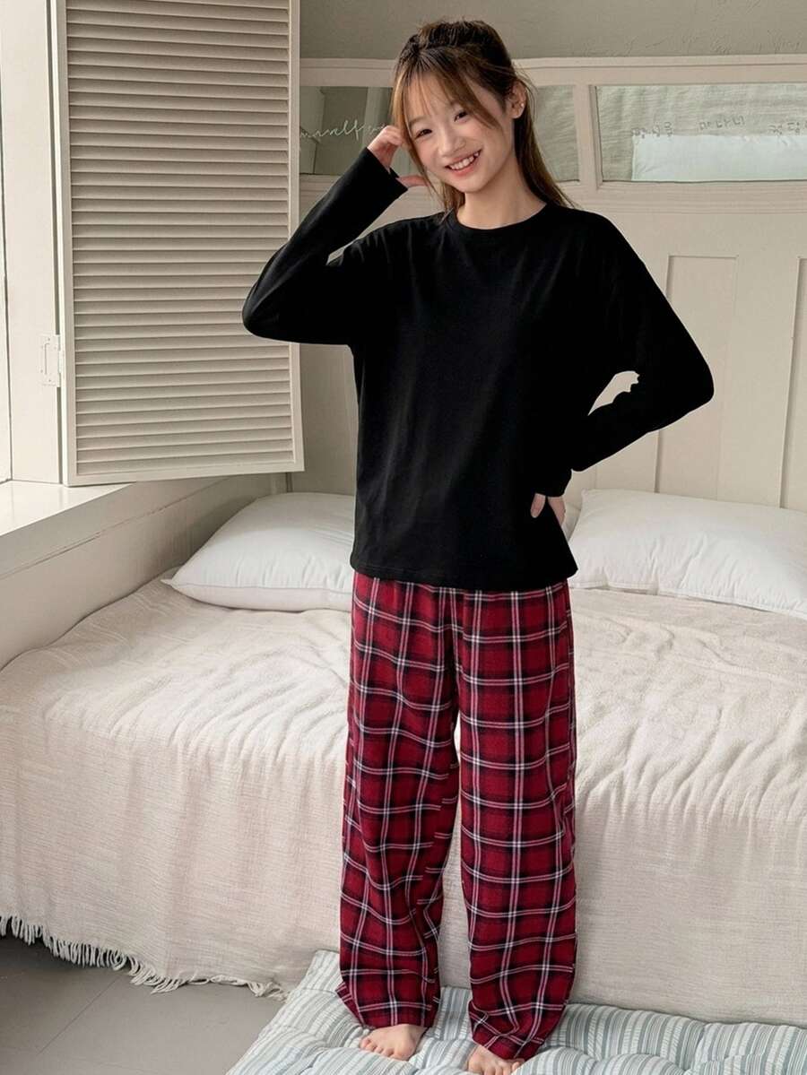 Dazy Kids Teen Girl Solid Color Long Sleeve Top And Plaid Pants Casual Daily Home Pajama Set - Black - View 1