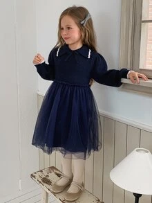 DAZY Girls' Turn Collar Knit Dress With Mesh Patchwork A-Line Waist, Cute Autumn/Winter Sweater Dress - Navy Blue - View 2