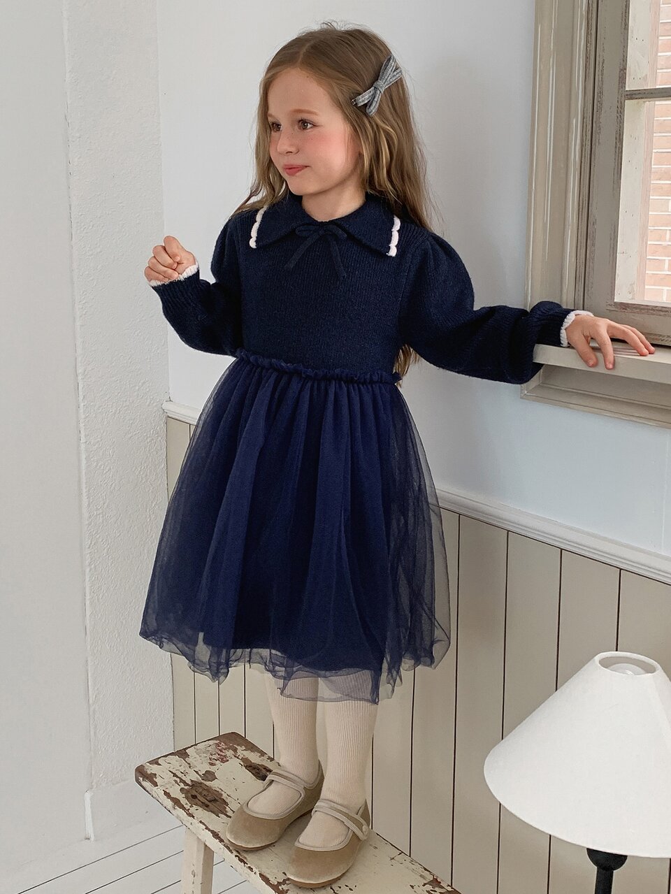 Girls' Turn Collar Knit Dress With Mesh Patchwork A-Line Waist, Cute Autumn/Winter Sweater Dress