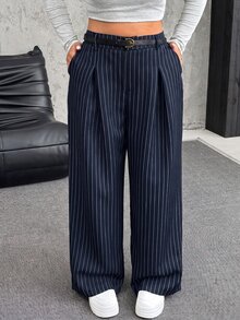 SHEIN EZwear Pantalones de pierna ancha casuales con cierre de botones y cinturón en unicolor para otoño/invierno en talla grande - Azul Marino - Ver 3