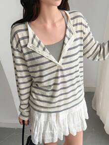 DAZY Women's Korean Style Minimalist Button Half-Placket Striped T-Shirt Fall - White - View 3