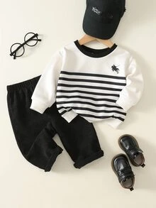 SHEIN 中性嬰兒男孩/女孩幼兒 2件組秋冬加厚抓絨內裡可愛學院風條紋運動衫套裝，嬰兒冬季運動服套裝 - 黑與白 - 查看 3
