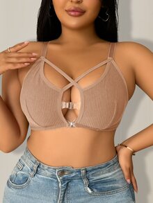 SHEIN 大尺碼性感交叉式無鋼圈內衣 - 卡其色 - 查看 5