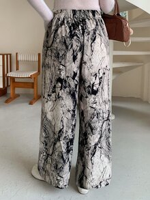 Dazy Plus Plus Size Women's Ink Painting Print Loose Casual Wide Leg Pants, New Early Autumn Style - Grey - View 2