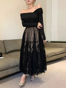 DAZY Women's Square Neck Long Sleeve Cinched Waist Lace Patchwork Elegant Dress Fall - Black - View 4