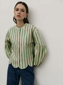 Nöista 女款條紋單排扣花瓣袖襯衫 - 綠色 - 查看 4