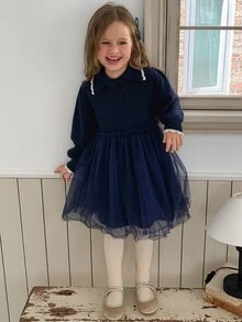 DAZY Girls' Turn Collar Knit Dress With Mesh Patchwork A-Line Waist, Cute Autumn/Winter Sweater Dress - Navy Blue - View 1