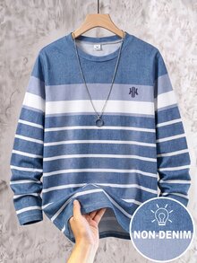 Vacaura 男童休閒拼接色圓領長袖口袋T恤 - 藍色 - 查看 1