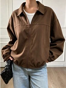 SHEIN 青少年女孩休閒拉鍊長袖外套，適合日常穿著與度假 - 棕色 - 查看 1