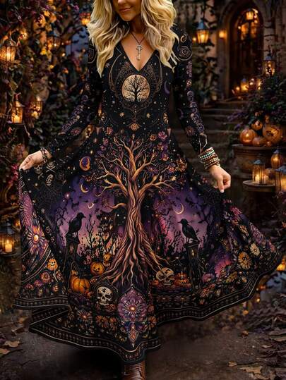 Breezaya Plus Size Women's Halloween Moon Tree Of Life Skull Pumpkin Print V-Neck Maxi Dress,Party Festive Long Sleeve Dress,Casual Long Dress Outfit Fall