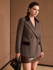 MOTF PREMIUM PLUS SIZE HERRINGBONE PEAK LAPEL DOUBLE BREASTED BLAZER WINTER - Brown - View 3