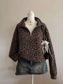 SHEIN EZwear 80%棉女款休閒寬鬆半拉鍊豹紋衛衣，2026秋冬女裝，休閒Y2K通勤穿搭，基礎款牛仔女風復古返校出遊校園風Apure Style - 彩色 - 查看 2