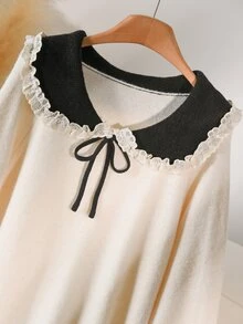 CosyJoli Plus Size Autumn/Winter Casual Elegant Colorblock Peter Pan Collar Sweater Office Evening Black And White - Beige - View 4