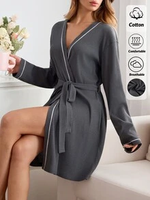 SHEIN Women's Ribbed Knit Contrast Trim Belted Long Sleeve Robe Nightwear - Grey - View 5