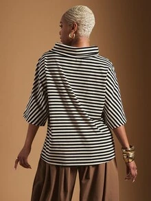Vixey Women's Striped Funnel Neck Short Sleeve Loose Casual T-Shirt, Chic Casual Daily - Black and White - View 2