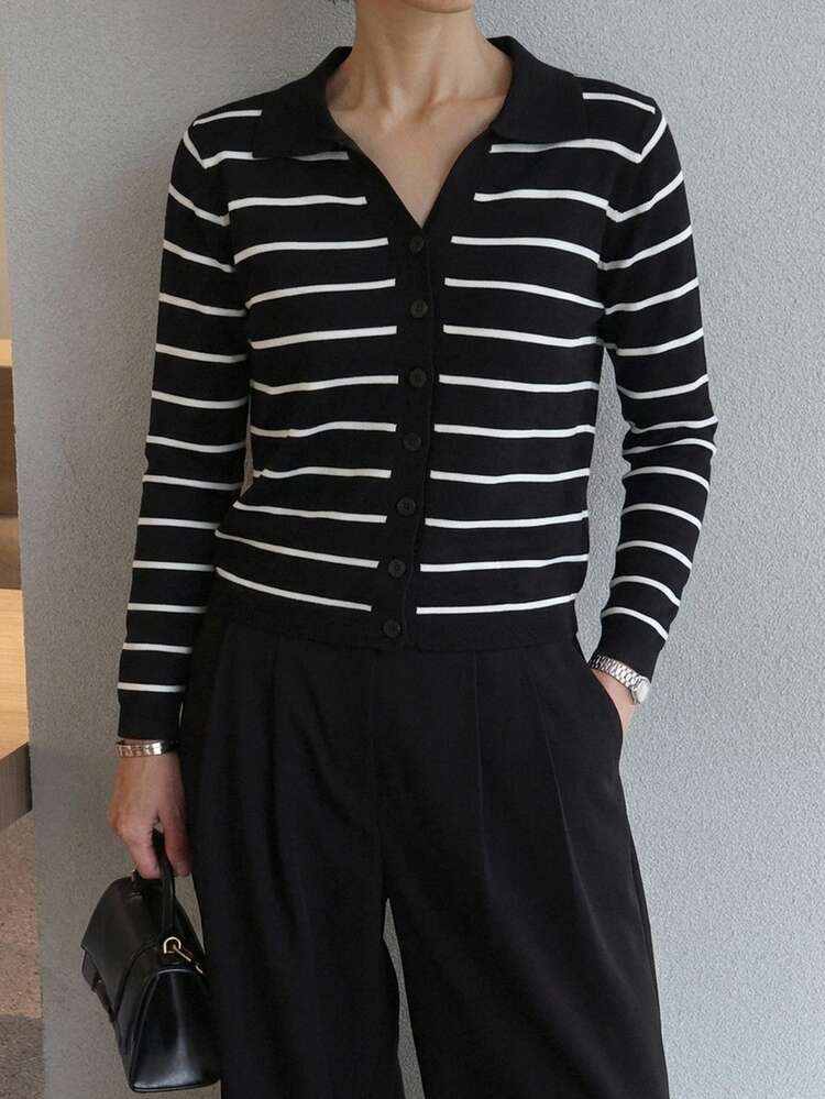 DAZY Women's Collared Striped Pullover Short Sleeve Sweater - Black and White - View 5