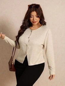Elaquor Plus Size Autumn Casual Solid Color Front Button T-Shirt - Apricot - View 3