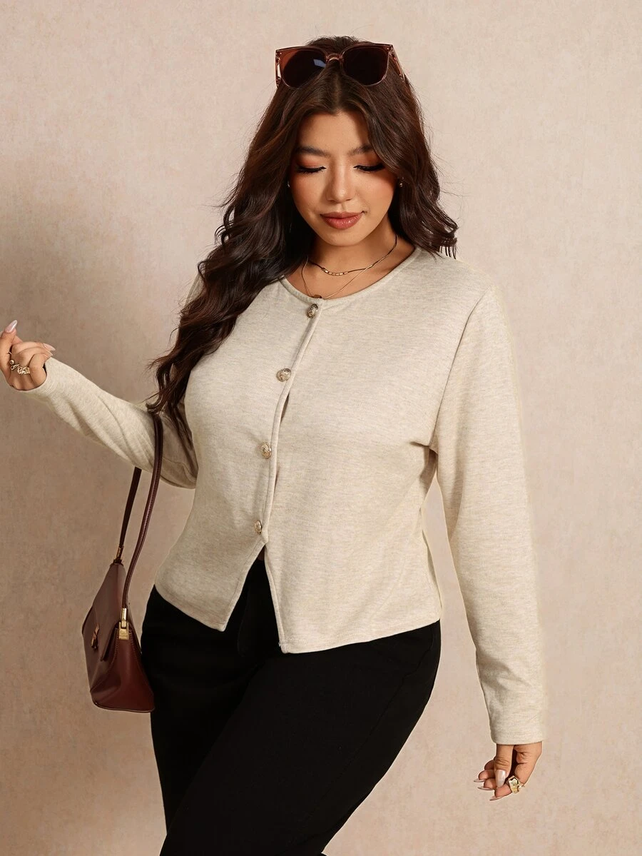 Elaquor Plus Size Autumn Casual Solid Color Front Button T-Shirt - Apricot - View 1
