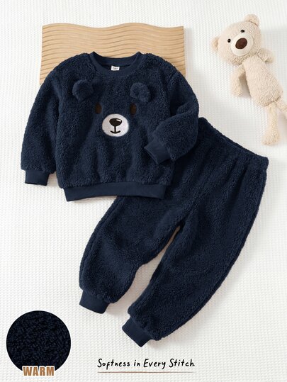 Cozy Pixies Kids Cartoon Pattern Thermal Lined Thick Round Neck Long Sleeve Pullover Sweatshirt Elastic Waist Long Autumn Winter Pants 2pcs Set Comfortable Cute