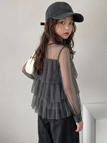 Dazy Kids Tween Girl Solid Color Mesh Casual Versatile Daily Wear Top - Grey - View 1