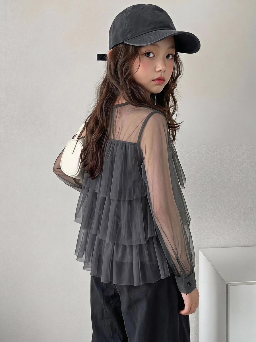 Dazy Kids Tween Girl Solid Color Mesh Casual Versatile Daily Wear Top - Grey - View 1