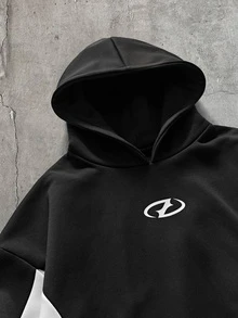 AXEPEAK 男士大尺碼幾何印花長袖休閒連帽衛衣 - 黑與白 - 查看 3