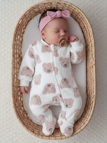 Cozy Pixies Newborn Baby Girl Decorative Bow Round Neck Long Sleeve Footed Romper - Multicolor - View 4