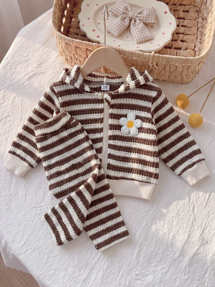 SHEIN Playful Pals 2件組 幼兒女嬰外套+長褲套裝 可愛甜美咖啡白條紋雛菊花卉 長袖連帽休閒秋季運動套裝 - 摩卡棕 - 查看 1