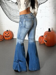 Jeanoix Women's Contrast Color Denim Ultra Low Waist Flare Pants With Pockets - Blue - View 5