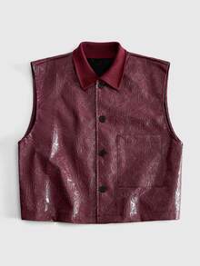 ROMWE MEN Casual Men's Solid Color PU Leather Fashion Versatile Suit Vest - Burgundy - View 9