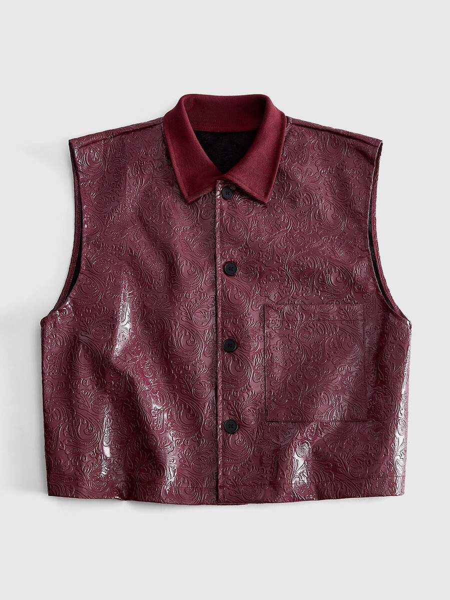 ROMWE MEN Casual Men's Solid Color PU Leather Fashion Versatile Suit Vest - Burgundy - View 1