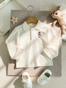 SHEIN Spring/Autumn Baby Boy Casual Minimalist Solid Color Long Sleeve Button Collar Polo Shirt - Apricot - View 1