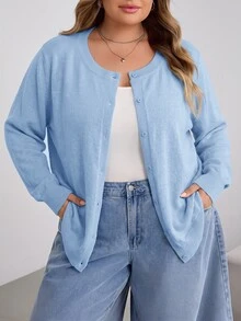SHEIN CURVE+ Plus Size Casual Solid Color Round Neck Long Sleeved Loose Cut Women's Yellow Sweater Cardigan, Winter - Blue - View 3