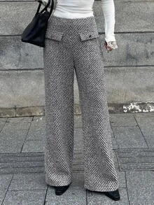 Livesso Women's Elegant Business Casual Wide Leg Loose Long Pants With Faux Pocket Design Fall Work Office Black And White - Dark Grey - View 3